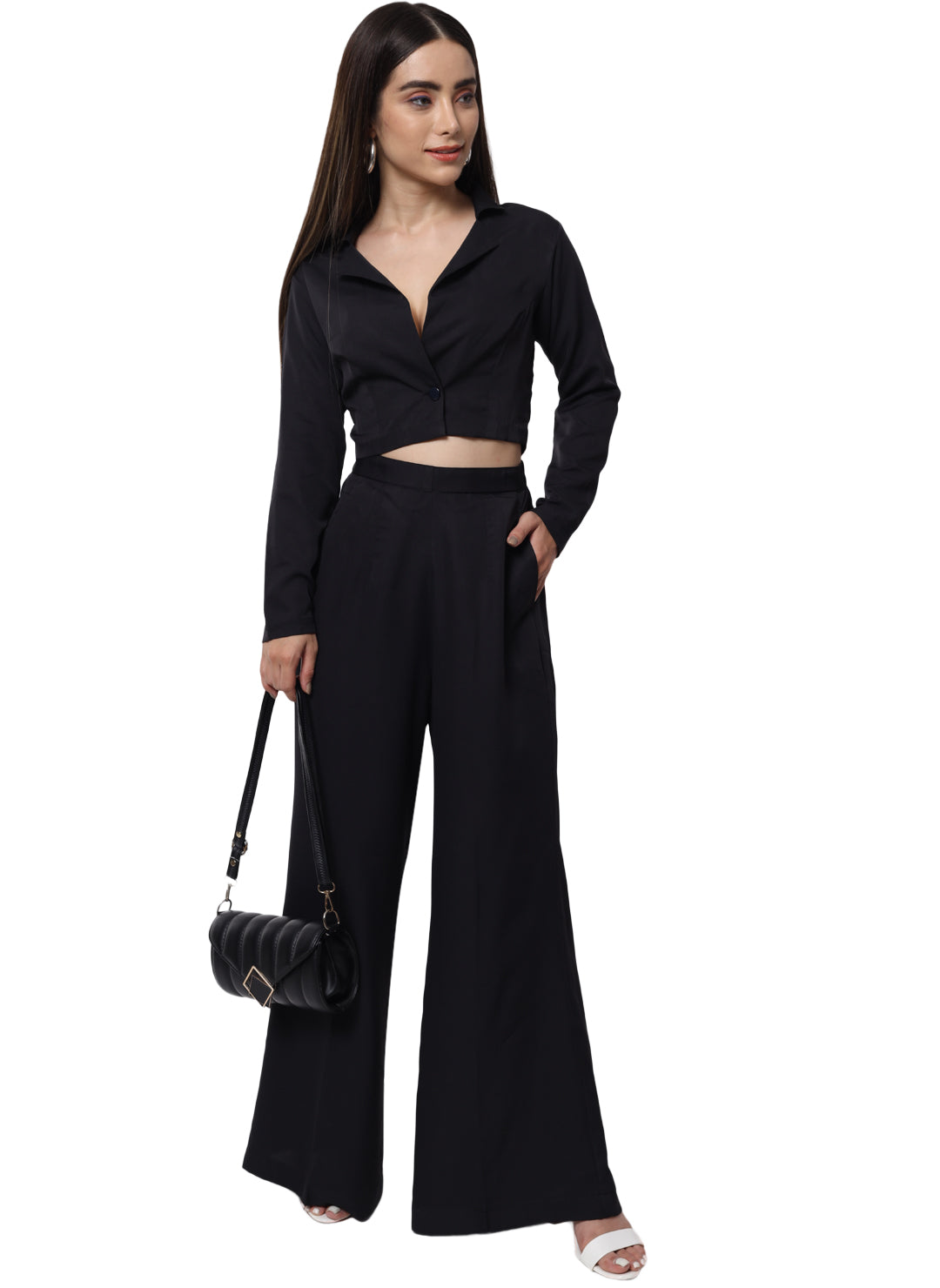 Jet Black Crepe Co-Ord Set with V-Neckline for Women