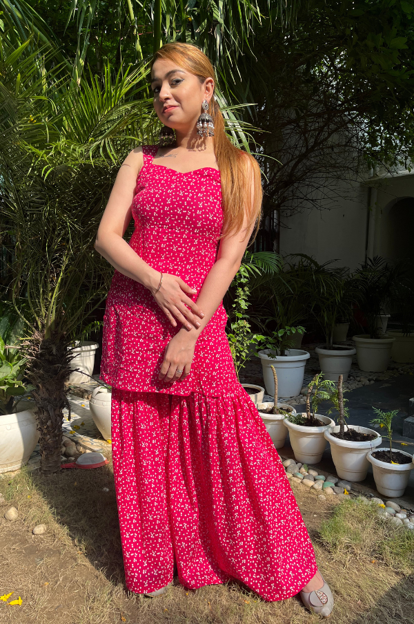 RED PRINTED SHARARA SUIT SET FOR WOMEN