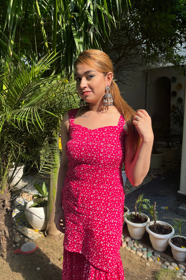 RED PRINTED SHARARA SUIT SET FOR WOMEN