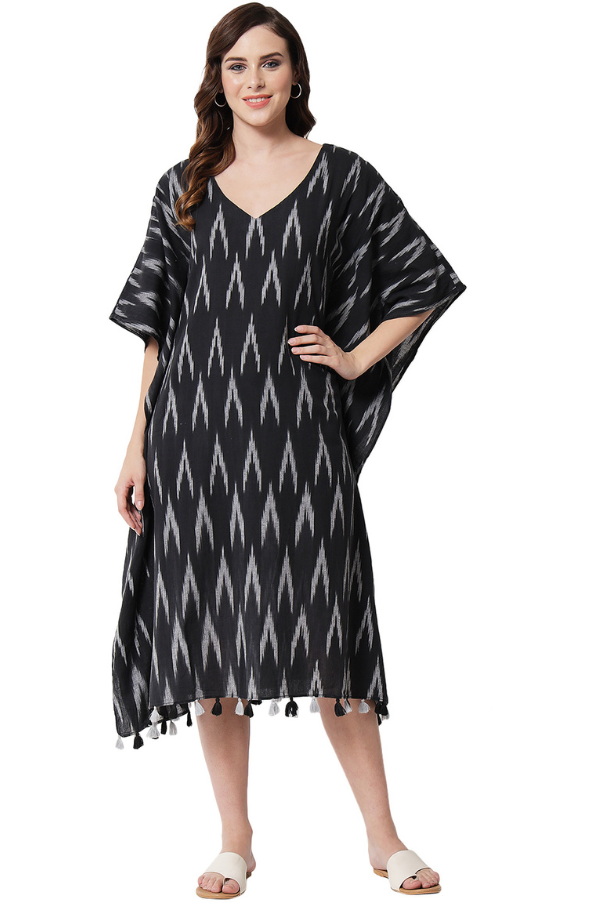 BLACK KAFTAN V NECK DRESS FOR WOMEN