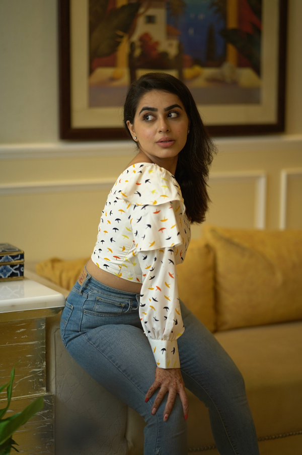 White Printed One Shoulder Crop Top for Women
