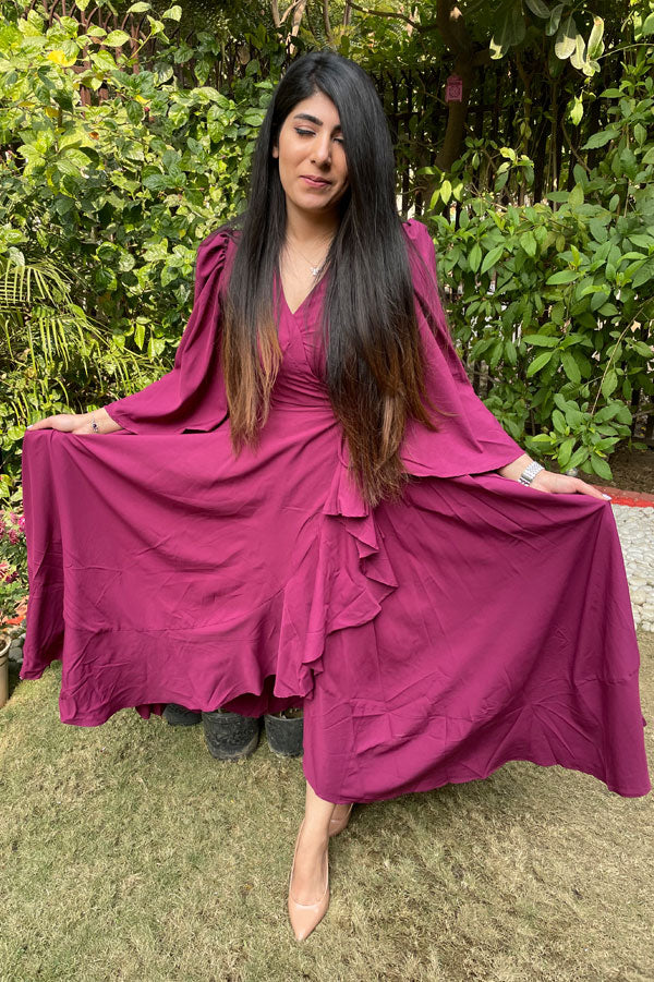 Wine Colour V Neck Flared Sleeves Dress for Women