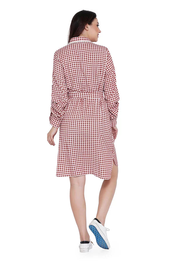 WOMEN CHECK PRINT LONG SHIRT DRESS