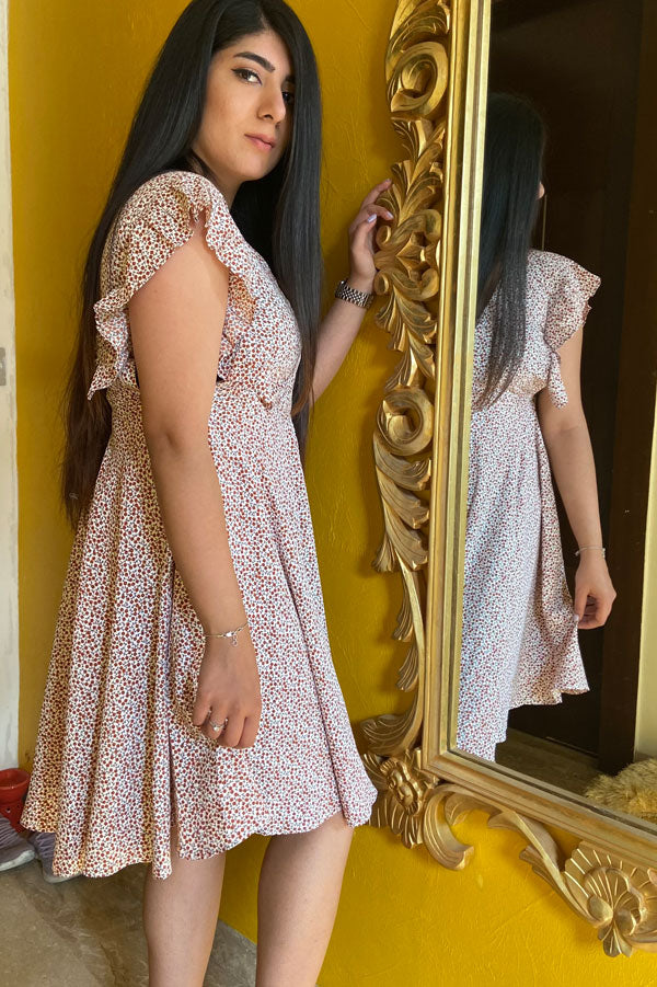 FLORAL CIRCULAR V NECK FLARY DRESS FOR WOMEN