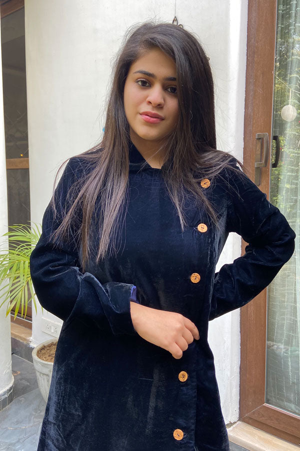 Navy Blue Velvet Travel Coat for Women