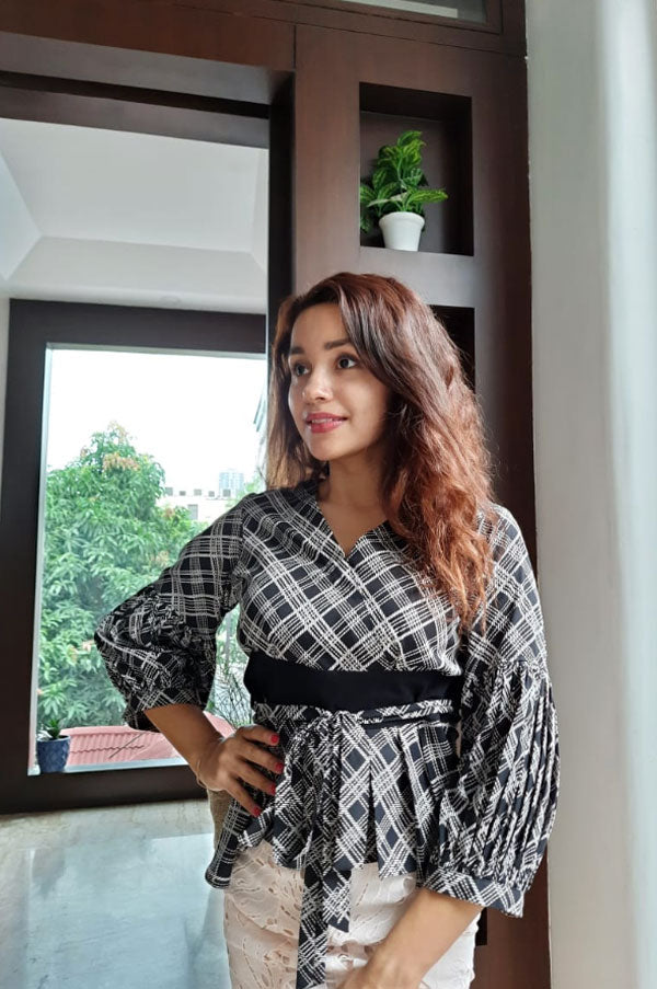 Black White Cotton Checks Women Top