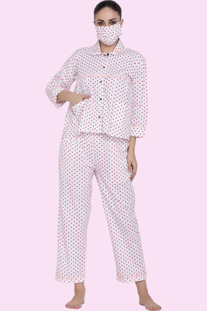 POLKA DOT PINK NIGHT SUIT WITH EYE AND FACE MASK