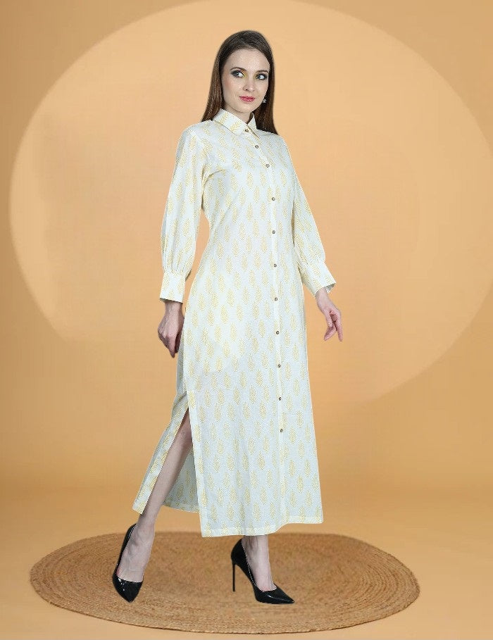 ALANI LEMON HANDBLOCK PRINTED SHIRT DRESS FOR WOMEN