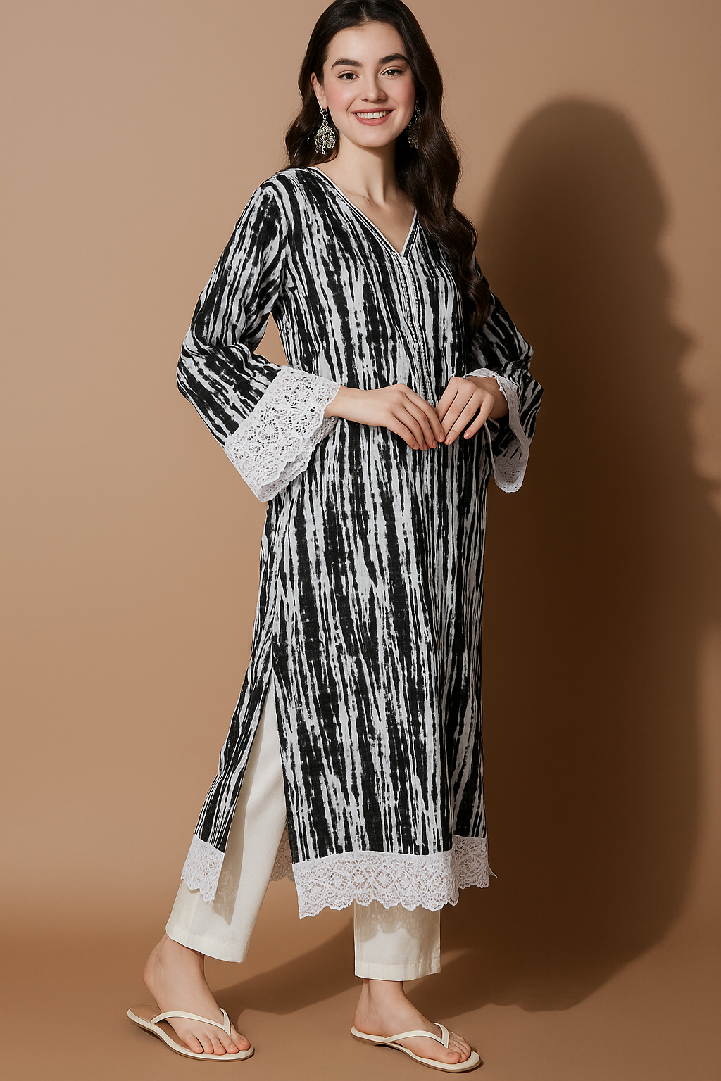 BLUSH TIE-DYE LACE BLACK KURTA FOR WOMEN