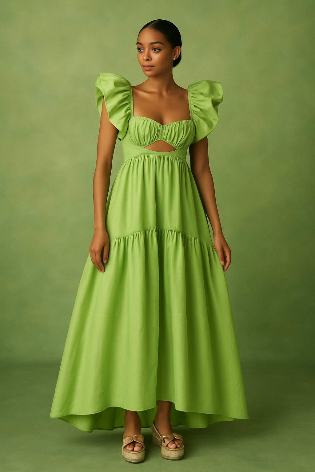 Lisa Ruffle Shoulder Gown Green Dress