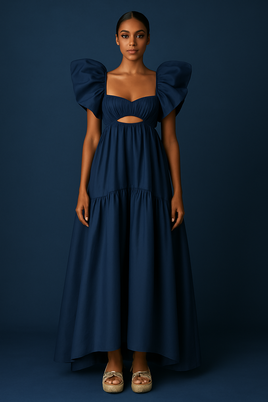 Layla Ruffle Shoulder Gown Navy Blue Dress
