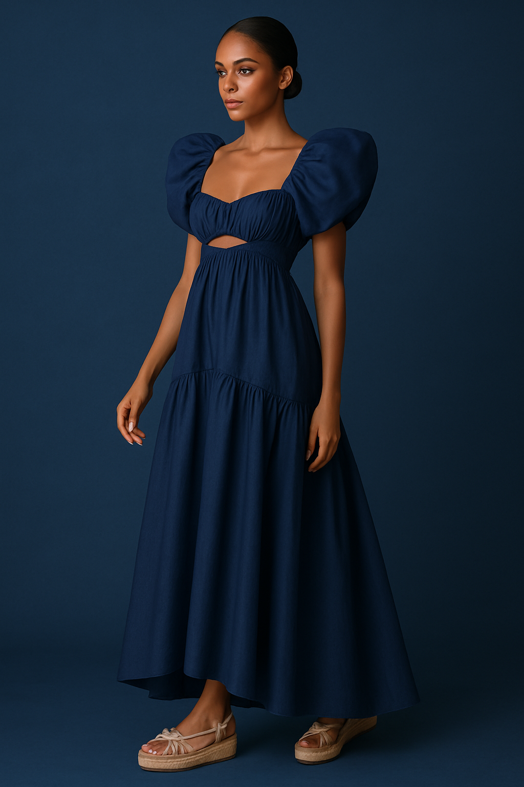 Layla Ruffle Shoulder Gown Navy Blue Dress