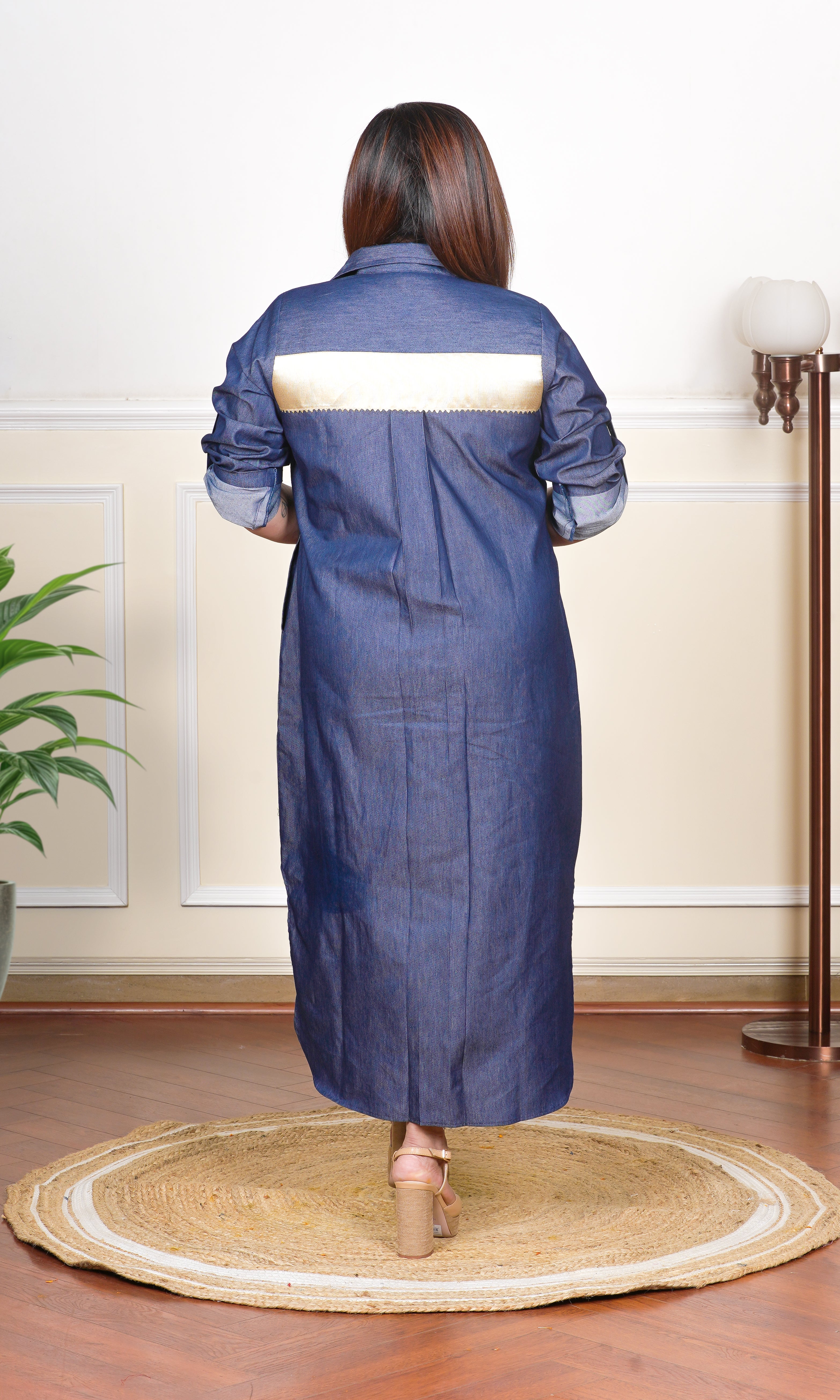 SHIMMERY DENIM DELIGHT DRESS WITH GOTA DETAILING