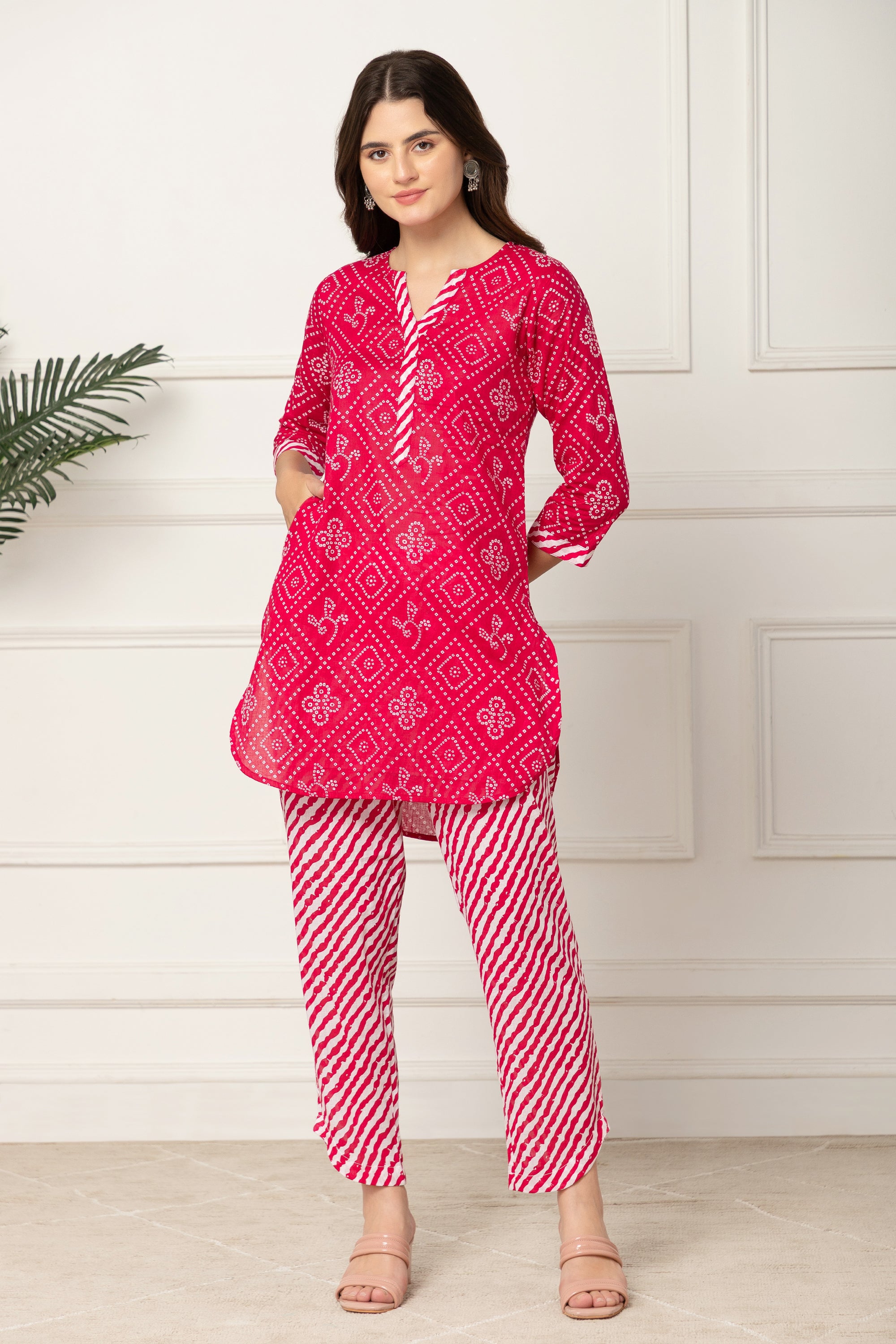 Red Motifs Printed Cotton Coord Set For Women