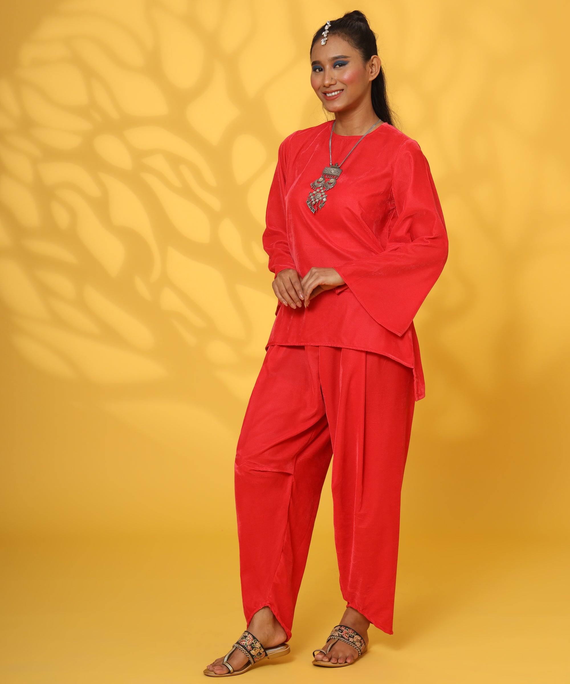 RED VELVET DHOTI COORD-SET FOR WOMEN