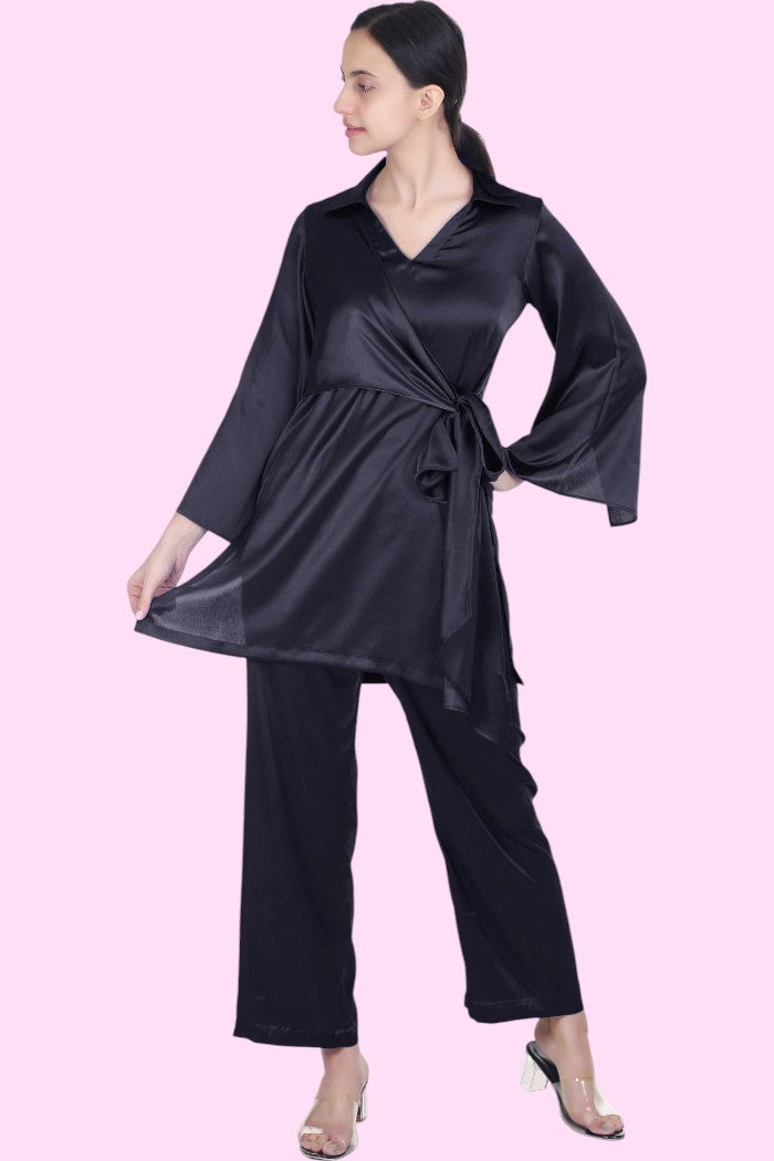 KERRIN BLACK SATIN COORD SET FOR WOMEN
