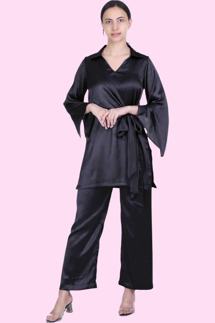 KERRIN BLACK SATIN COORD SET FOR WOMEN