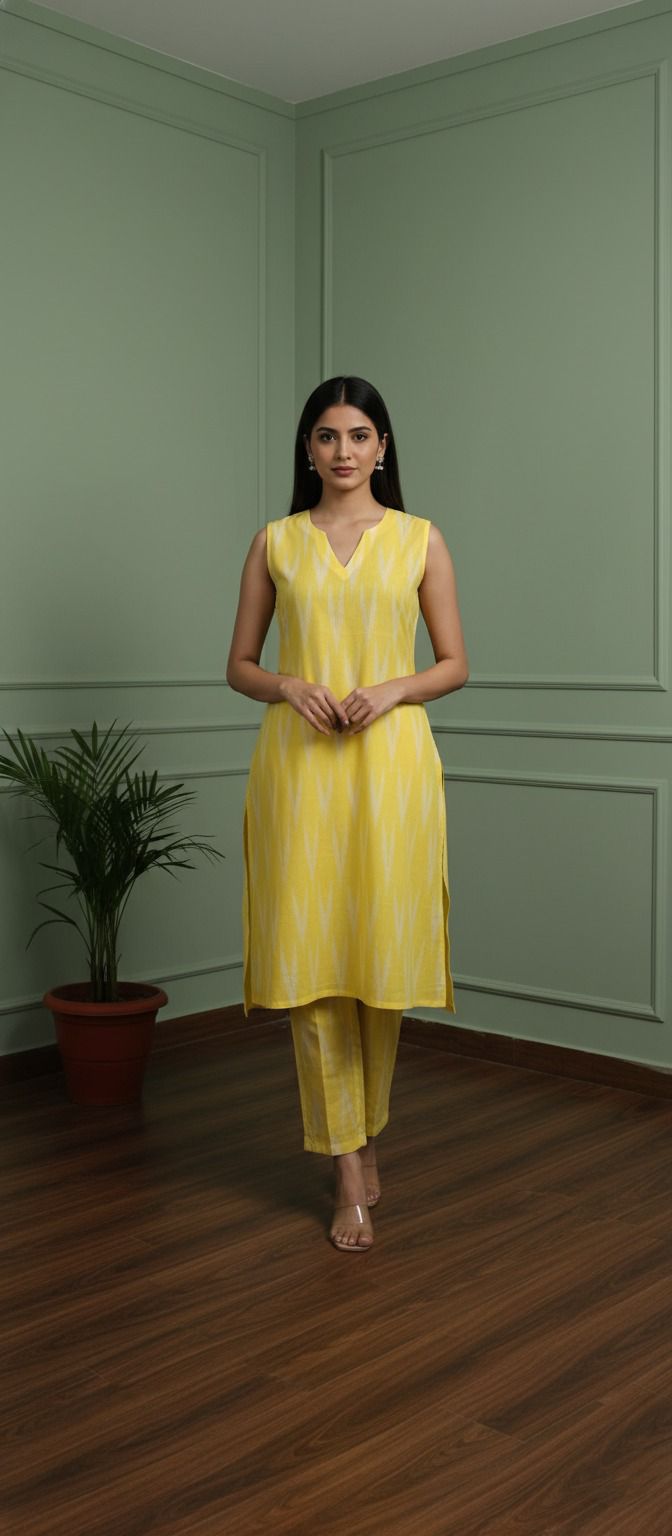 Hazel Yellow Ikat Sleeveless Coord Set For Women