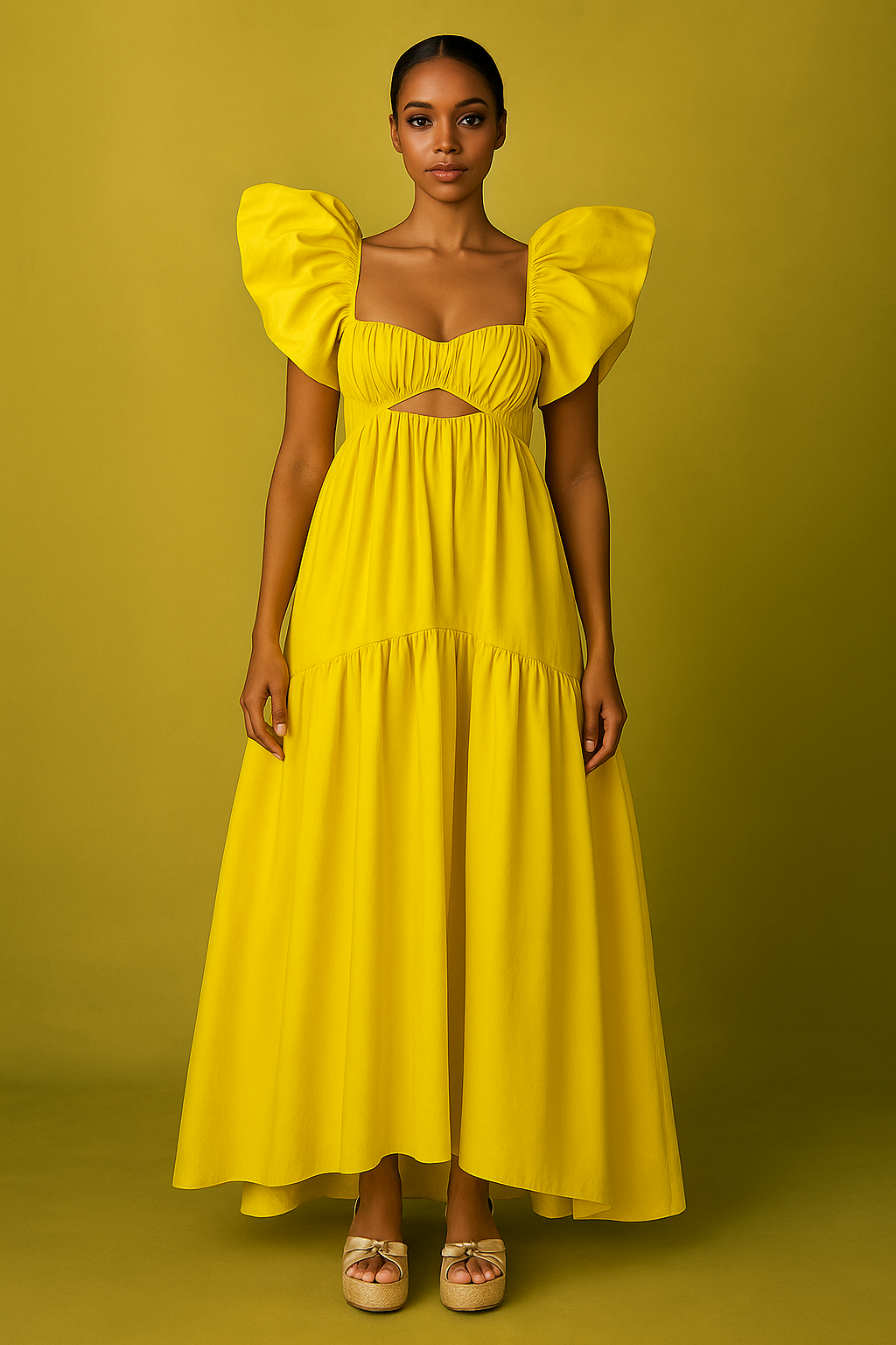 Alaia Ruffle Shoulder Gown Yellow Dress