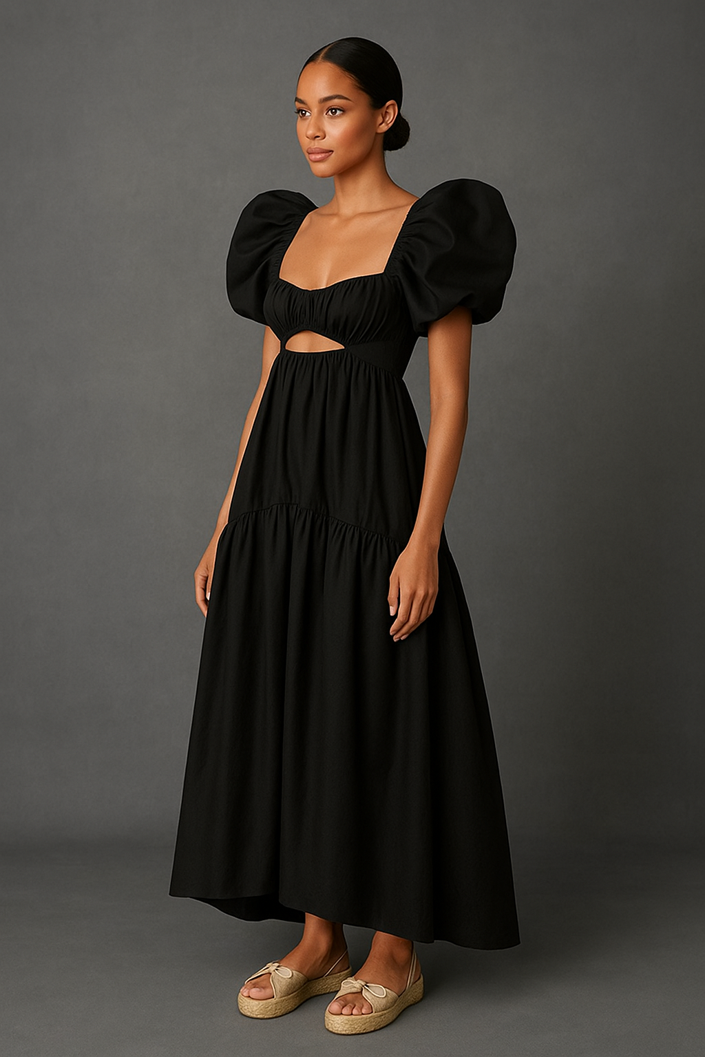 Eliza Ruffle Shoulder Gown Black Dress