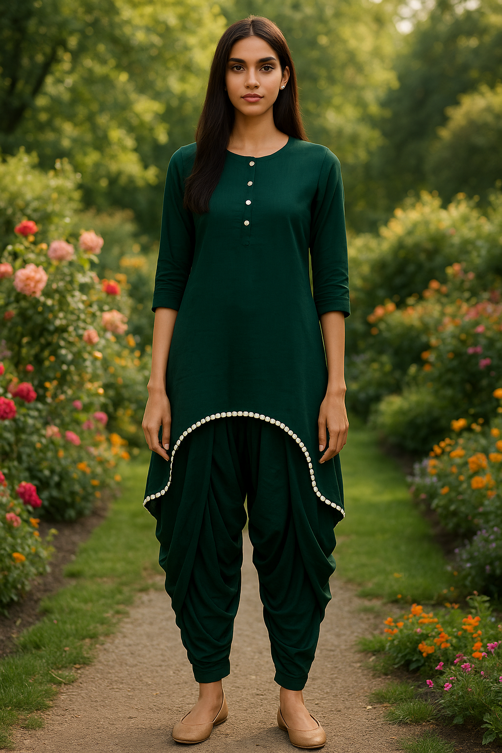ROMY ASYMMETRIC GREEN DHOTI-KURTA FOR WOMEN