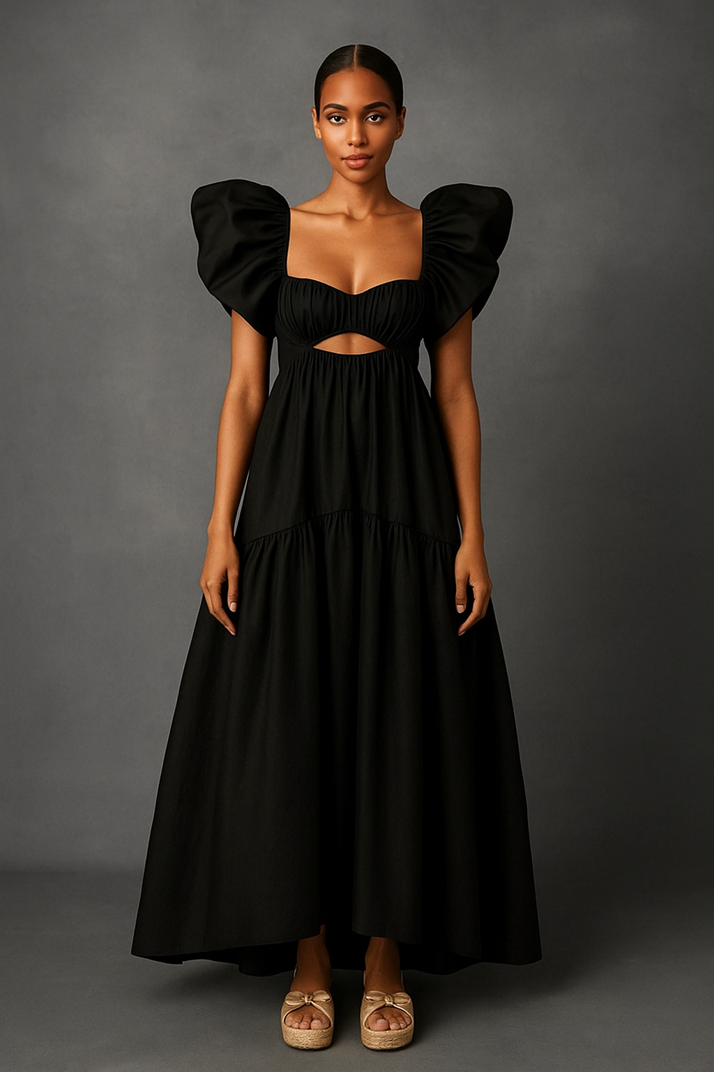 Eliza Ruffle Shoulder Gown Black Dress
