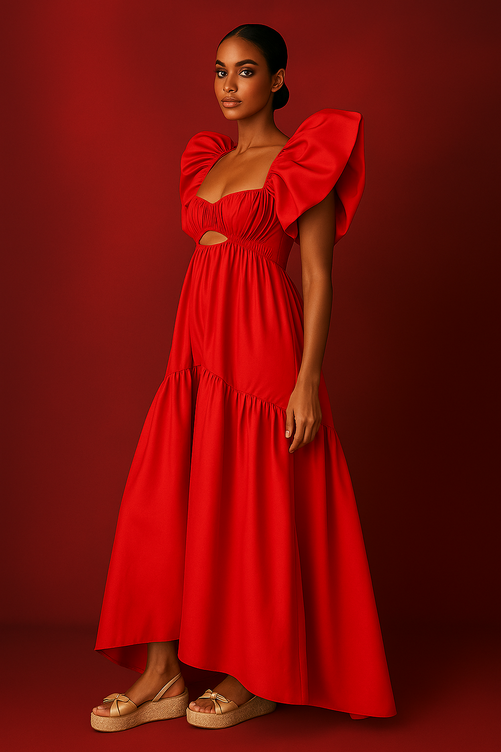 Allison Ruffle Shoulder Gown Red Dress