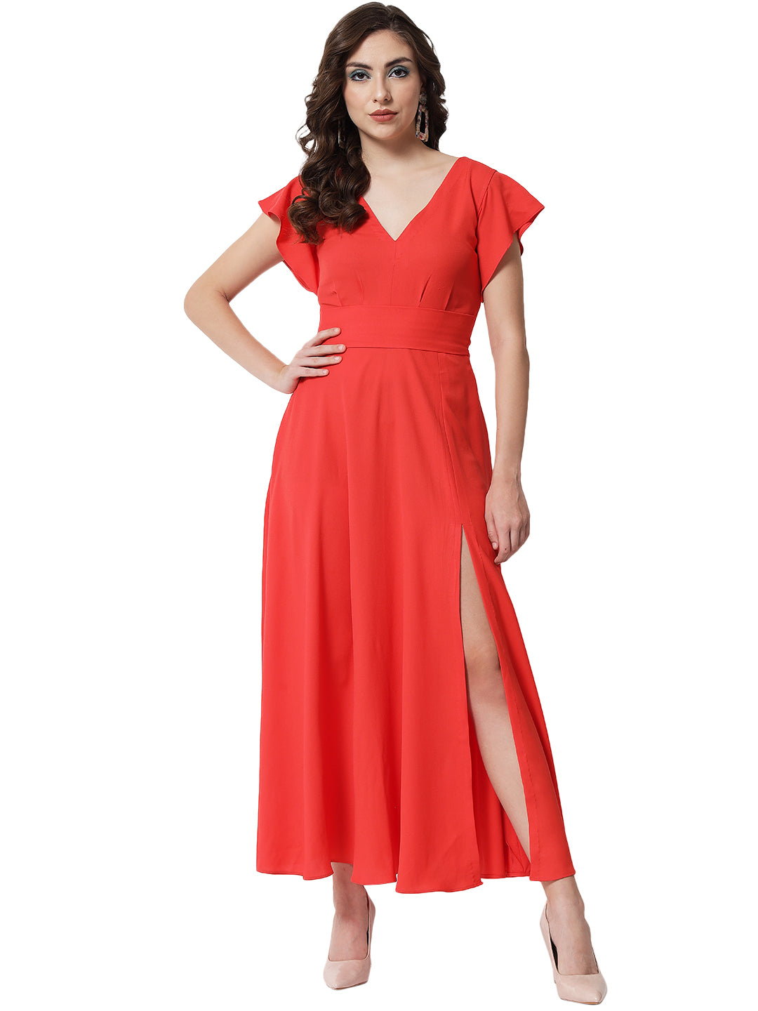 FLARED V NECK MAXI DRESS FOR WOMEN