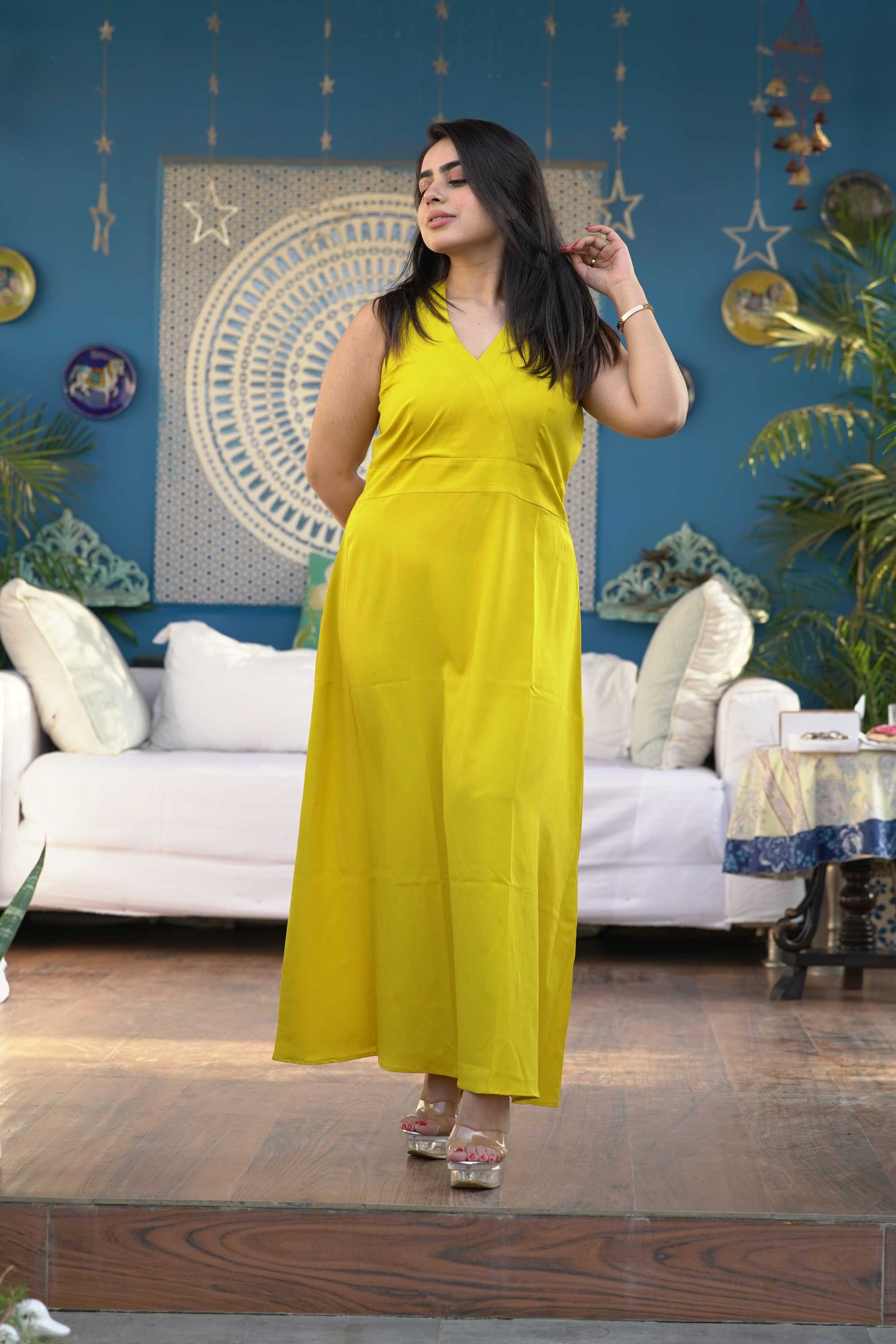 YELLOW V NECK MAXI DRESS FOR WOMEN