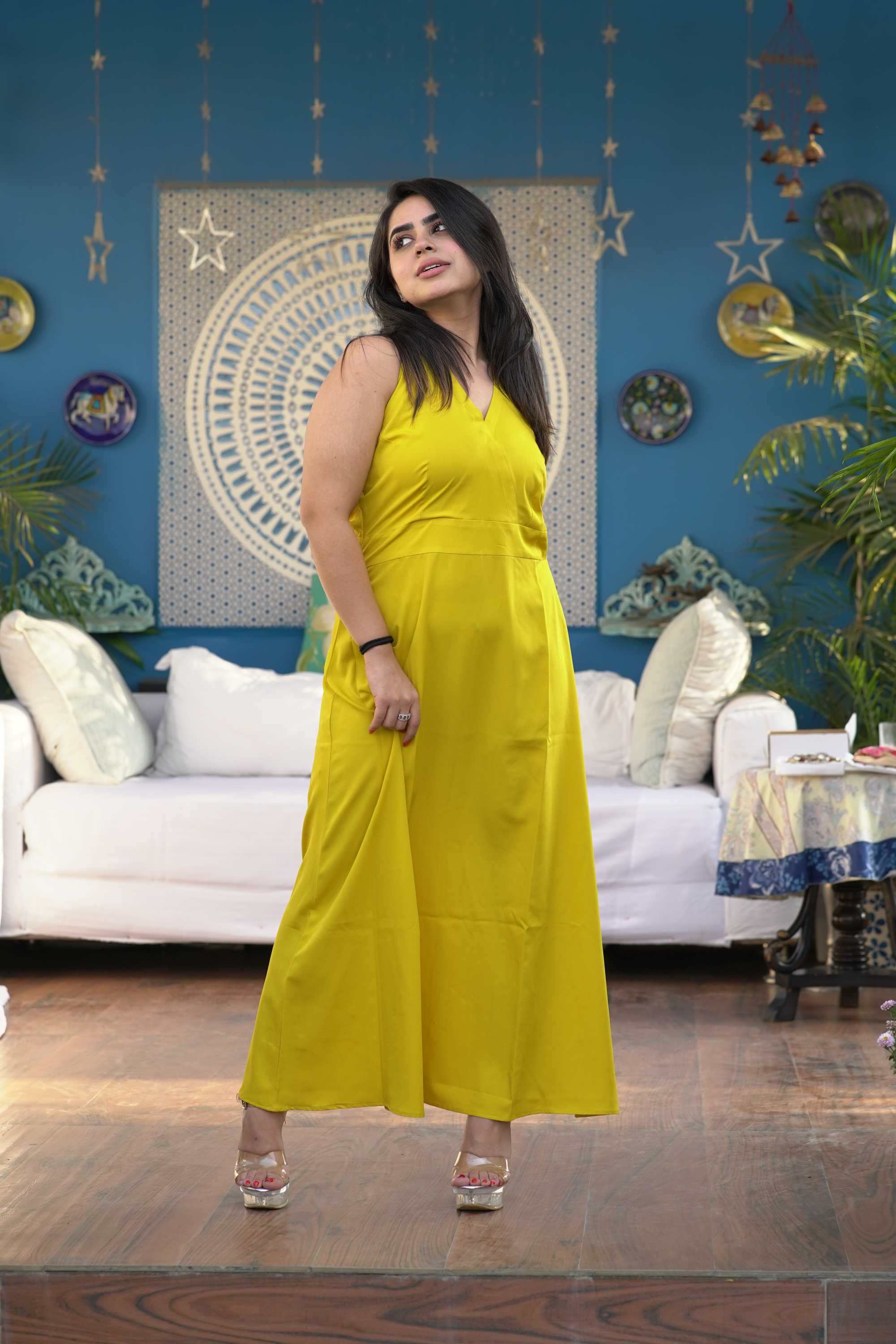 YELLOW V NECK MAXI DRESS FOR WOMEN