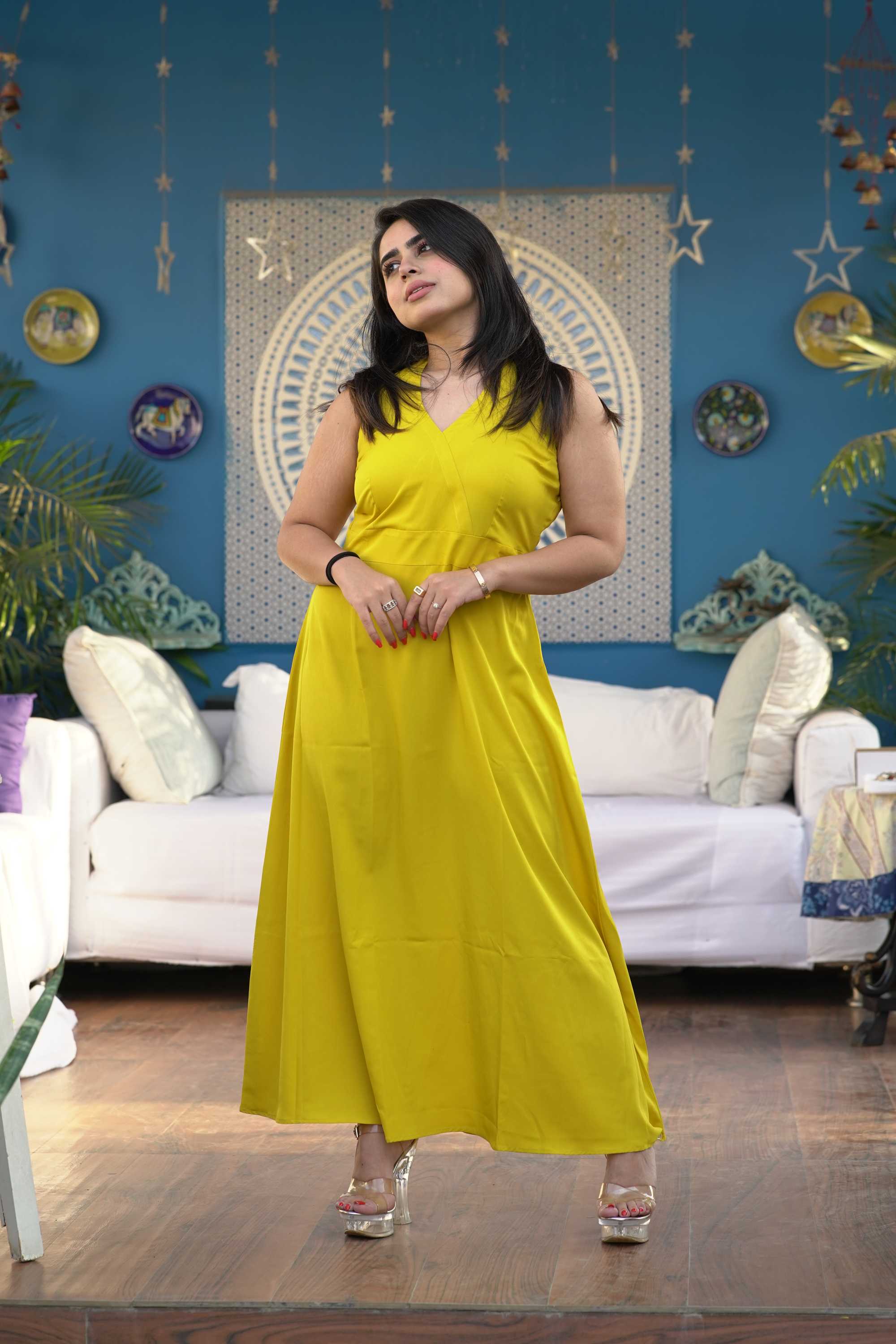 YELLOW V NECK MAXI DRESS FOR WOMEN
