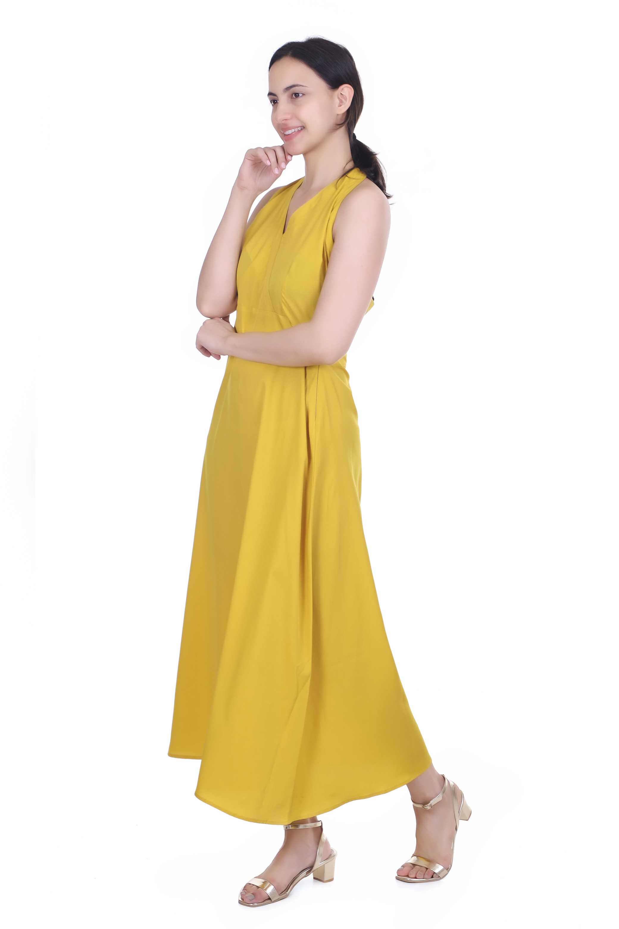 YELLOW V NECK MAXI DRESS FOR WOMEN