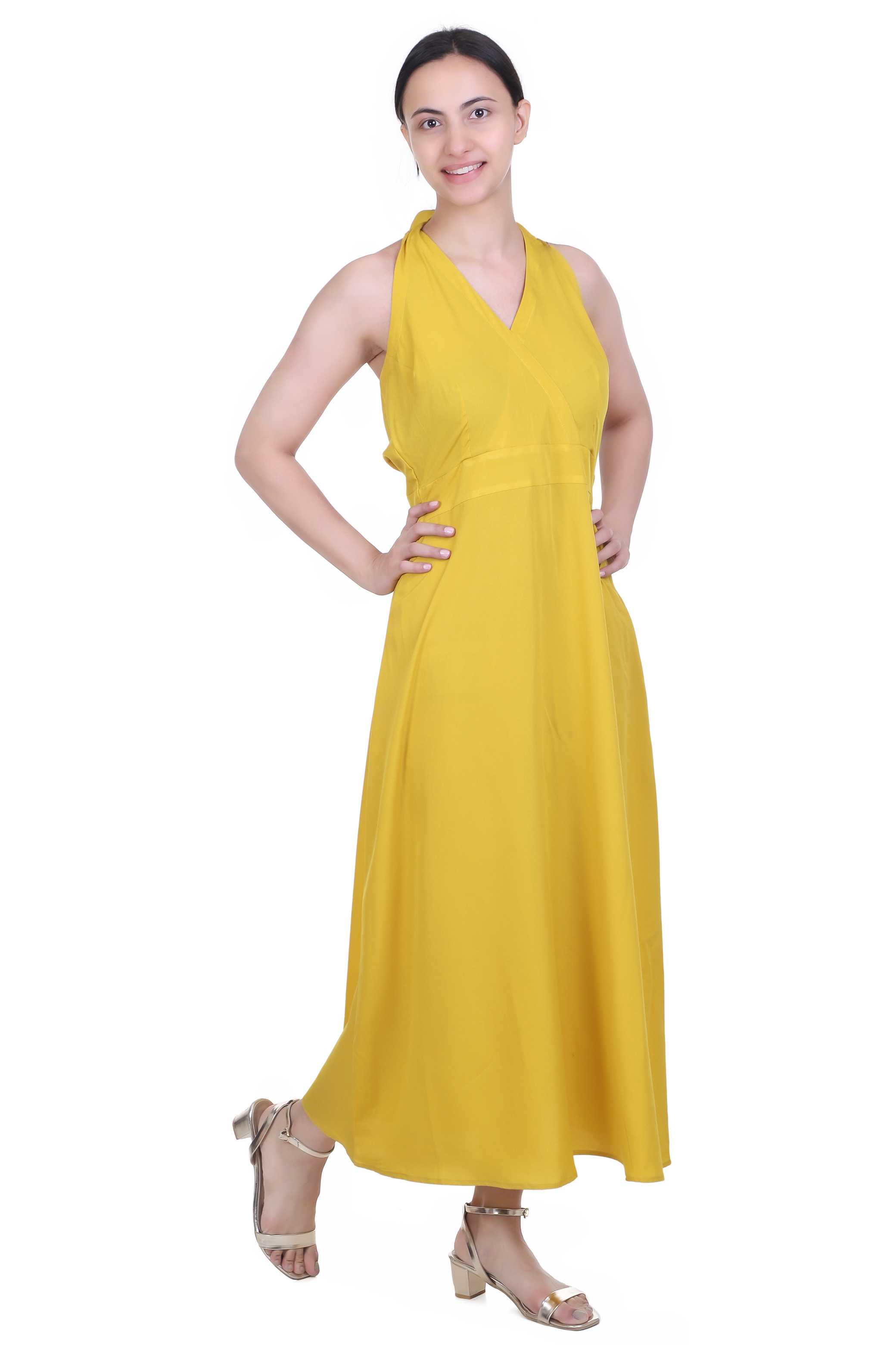 YELLOW V NECK MAXI DRESS FOR WOMEN