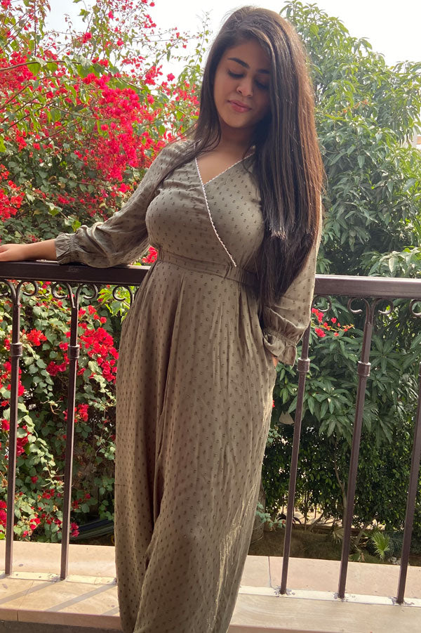 Printed V-neck Jumpsuit with Insert Pockets For Women
